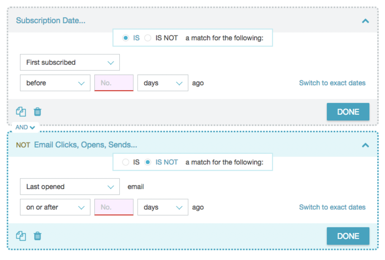 Audience Builder criteria set with subscription options